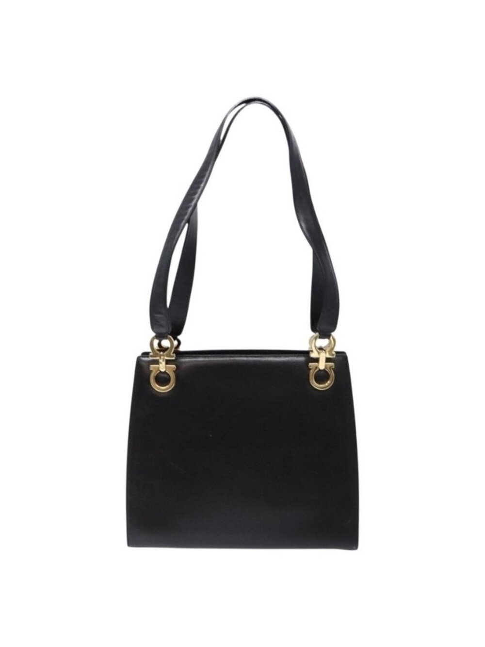 Authentic Salvatore Ferragamo Gancini Shoulder Bag Leather Black Gold - Picture 9 of 16